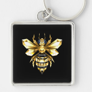 Faux Gold Foil Logo Bee Polygonal on Black Keychain