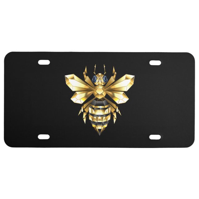 Faux Gold Foil Logo Bee Polygonal on Black License Plate (Front)