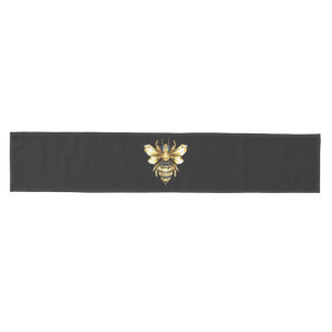Faux Gold Foil Logo Bee Polygonal on Black Medium Table Runner