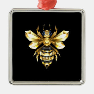 Faux Gold Foil Logo Bee Polygonal on Black Metal Ornament