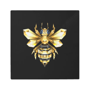 Faux Gold Foil Logo Bee Polygonal on Black Metal Print
