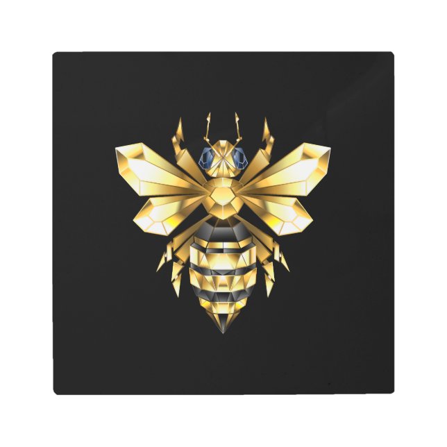 Faux Gold Foil Logo Bee Polygonal on Black Metal Print (Front)
