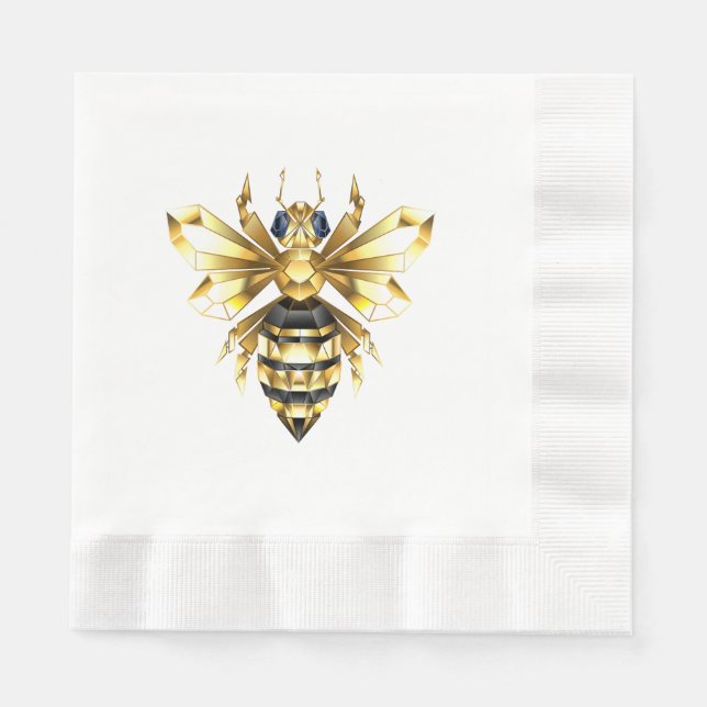 Faux Gold Foil Logo Bee Polygonal on Black Napkins (Front)