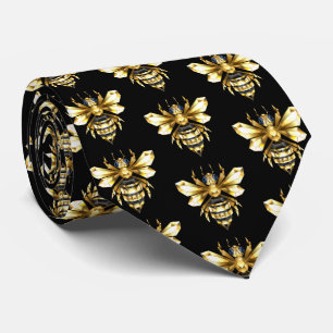 Faux Gold Foil Logo Bee Polygonal on Black Neck Tie