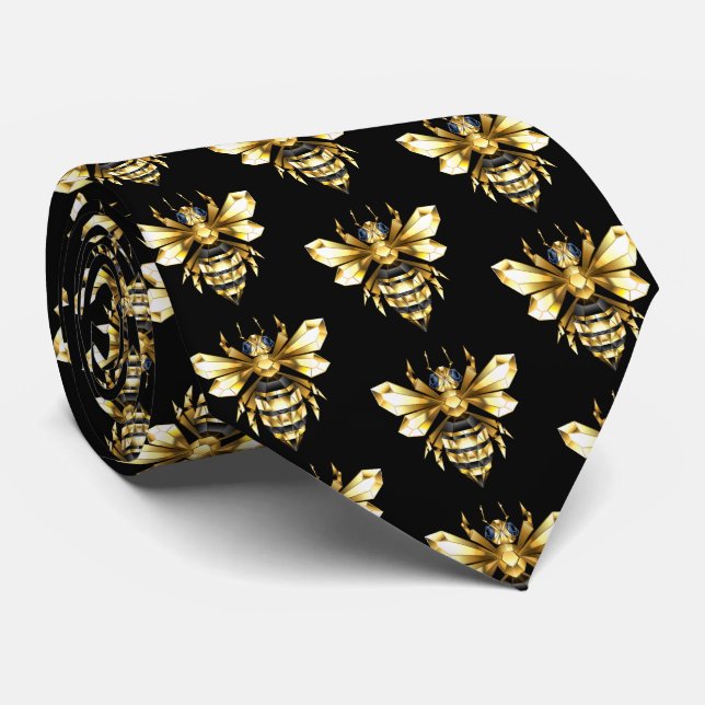 Faux Gold Foil Logo Bee Polygonal on Black Neck Tie (Rolled)