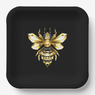 Faux Gold Foil Logo Bee Polygonal on Black Paper Plates