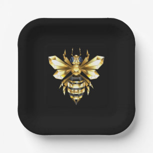 Faux Gold Foil Logo Bee Polygonal on Black Paper Plates