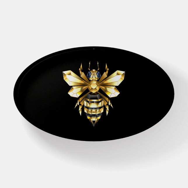 Faux Gold Foil Logo Bee Polygonal on Black Paperweight (Front)