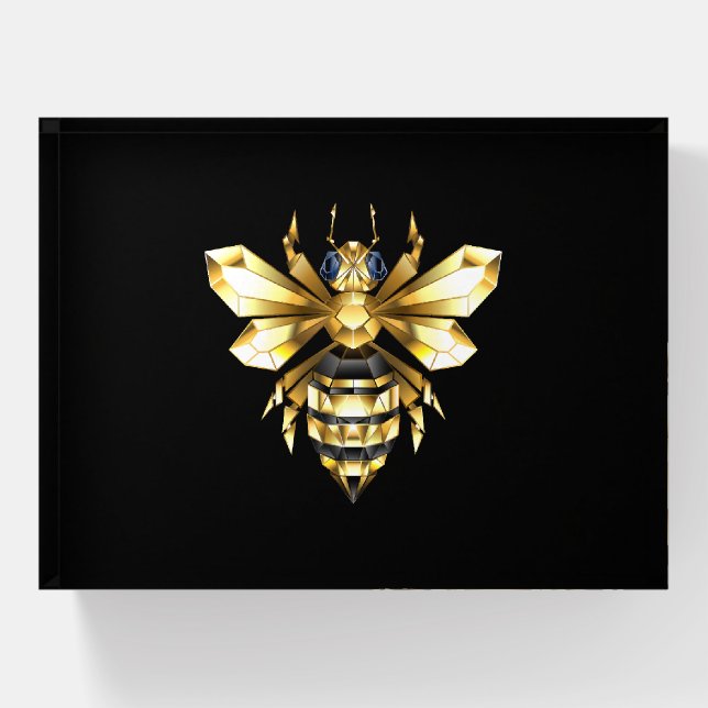 Faux Gold Foil Logo Bee Polygonal on Black Paperweight (Front)
