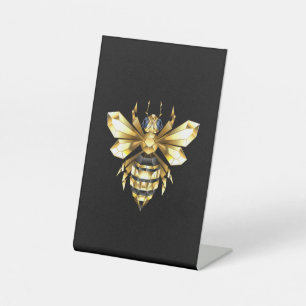 Faux Gold Foil Logo Bee Polygonal on Black Pedestal Sign