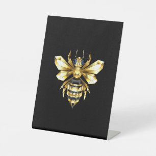 Faux Gold Foil Logo Bee Polygonal on Black Pedestal Sign