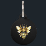 Faux Gold Foil Logo Bee Polygonal on Black Pet ID Tag<br><div class="desc">Gold, jewelry, polygonal bee with golden sparkling wings on black background. Polygonal style animal.Golden bee.</div>