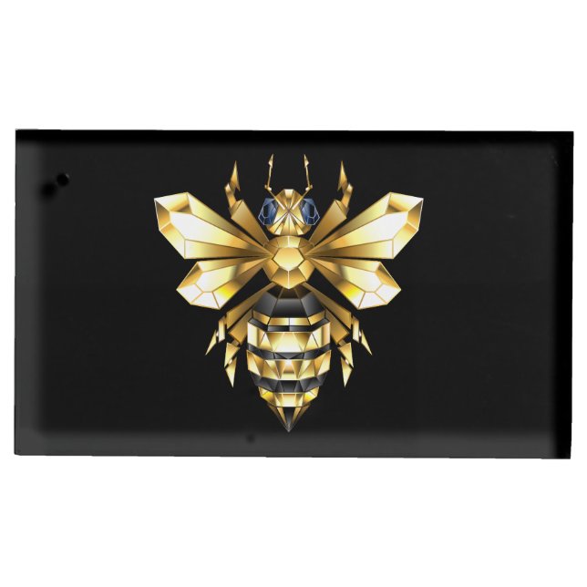 Faux Gold Foil Logo Bee Polygonal on Black Place Card Holder (Front)