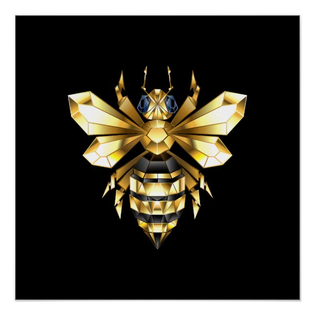 Faux Gold Foil Logo Bee Polygonal on Black Poster (Front)