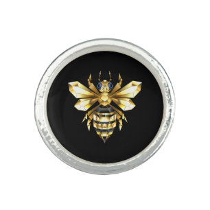 Faux Gold Foil Logo Bee Polygonal on Black Ring