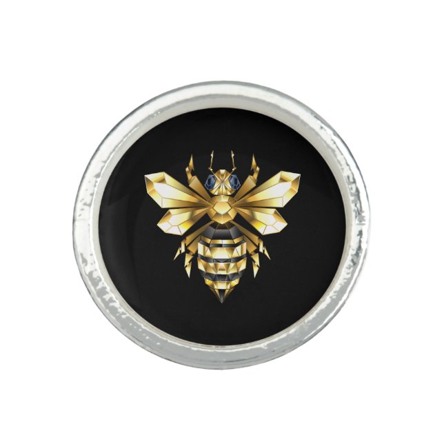 Faux Gold Foil Logo Bee Polygonal on Black Ring (Front)