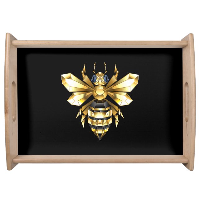 Faux Gold Foil Logo Bee Polygonal on Black Serving Tray (Front)