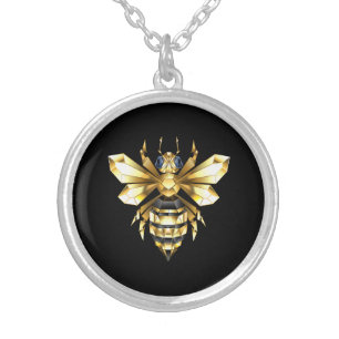 Faux Gold Foil Logo Bee Polygonal on Black Silver Plated Necklace