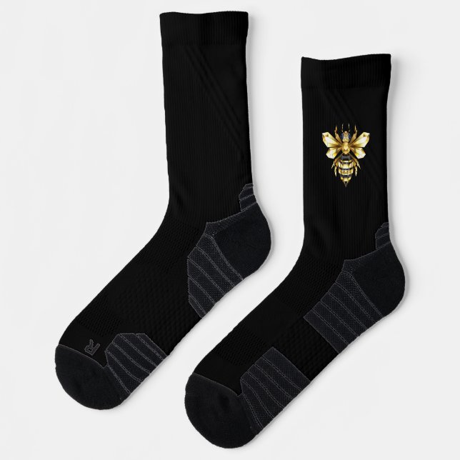 Faux Gold Foil Logo Bee Polygonal on Black Socks (Left)