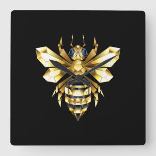 Faux Gold Foil Logo Bee Polygonal on Black Square Wall Clock