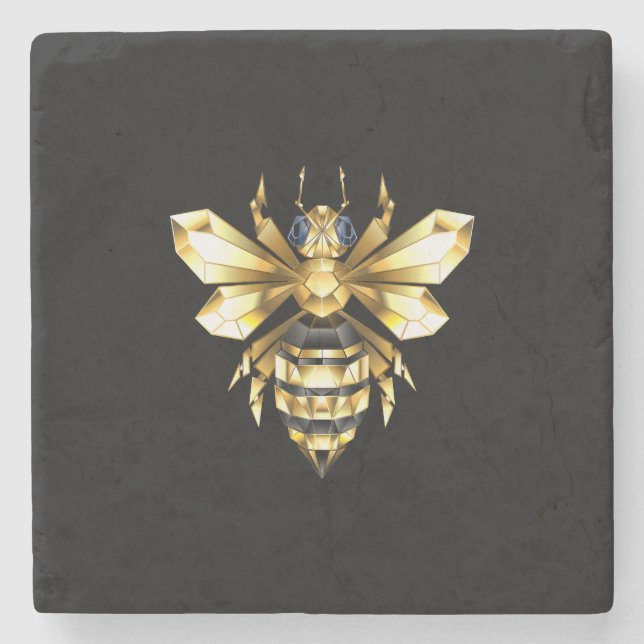 Faux Gold Foil Logo Bee Polygonal on Black Stone Coaster (Front)