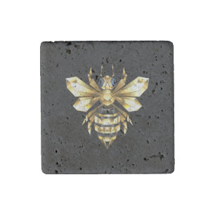 Faux Gold Foil Logo Bee Polygonal on Black Stone Magnet