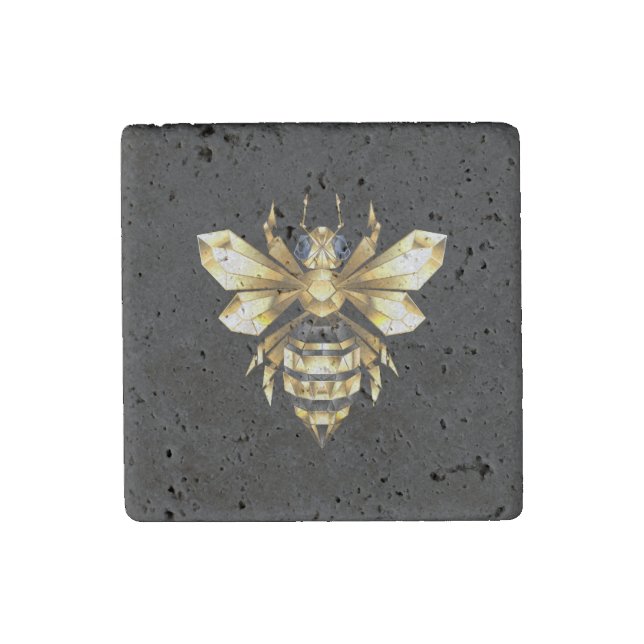 Faux Gold Foil Logo Bee Polygonal on Black Stone Magnet (Front)