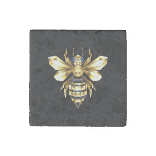 Faux Gold Foil Logo Bee Polygonal on Black Stone Magnet