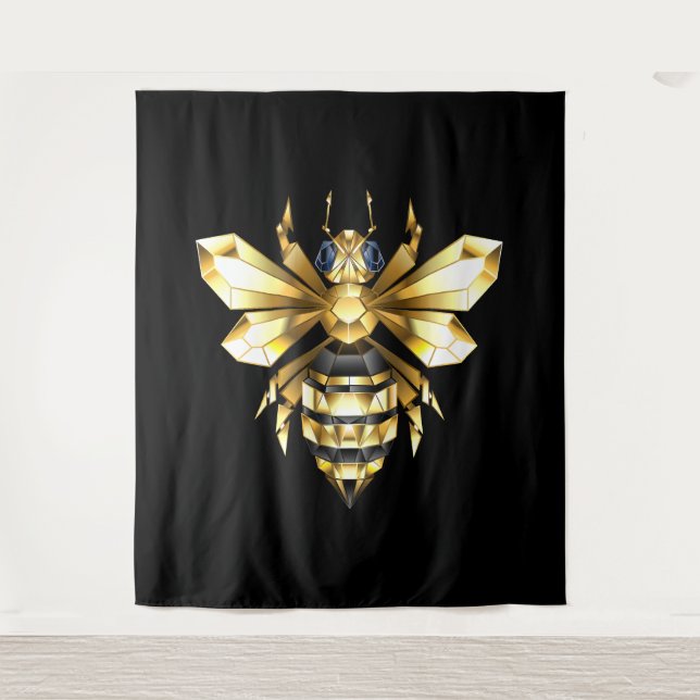 Faux Gold Foil Logo Bee Polygonal on Black Tapestry (Front)