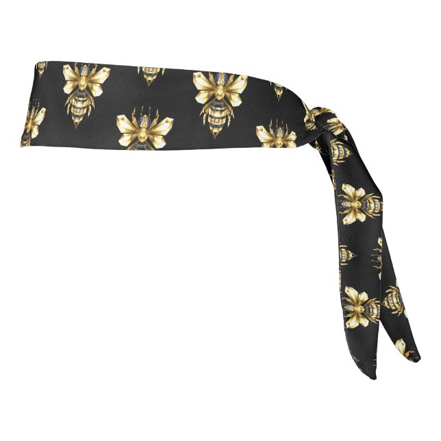Faux Gold Foil Logo Bee Polygonal on Black Tie Headband (Rotate 90)