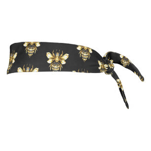 Faux Gold Foil Logo Bee Polygonal on Black Tie Headband