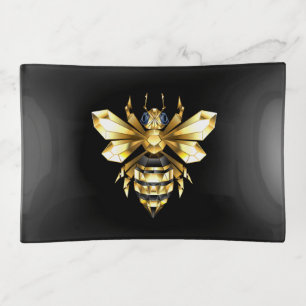 Faux Gold Foil Logo Bee Polygonal on Black Trinket Tray
