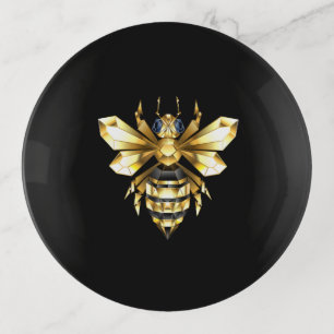 Faux Gold Foil Logo Bee Polygonal on Black Trinket Tray