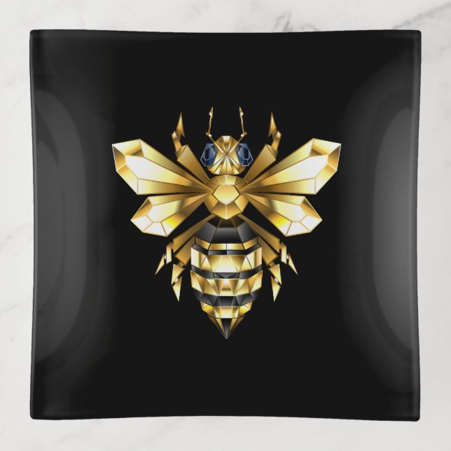 Faux Gold Foil Logo Bee Polygonal on Black Trinket Tray (Front)