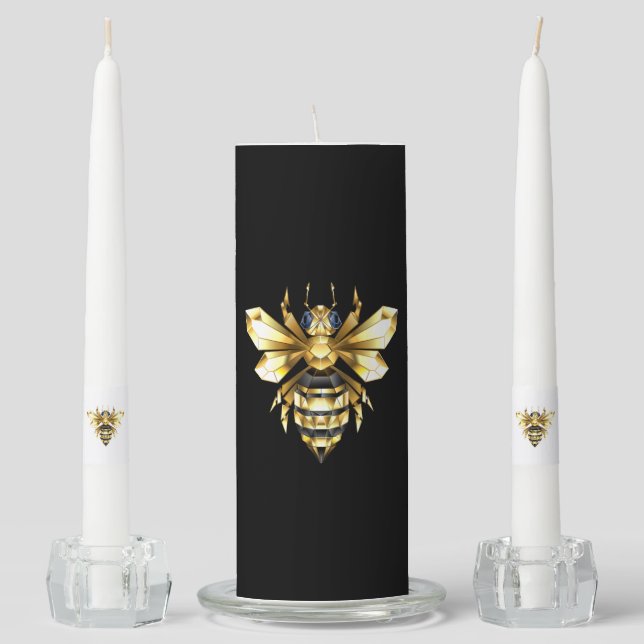 Faux Gold Foil Logo Bee Polygonal on Black Unity Candle Set (Front)