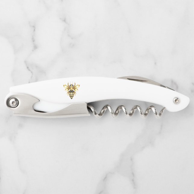 Faux Gold Foil Logo Bee Polygonal on Black Waiter's Corkscrew (Front)