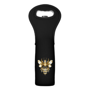 Faux Gold Foil Logo Bee Polygonal on Black Wine Bag