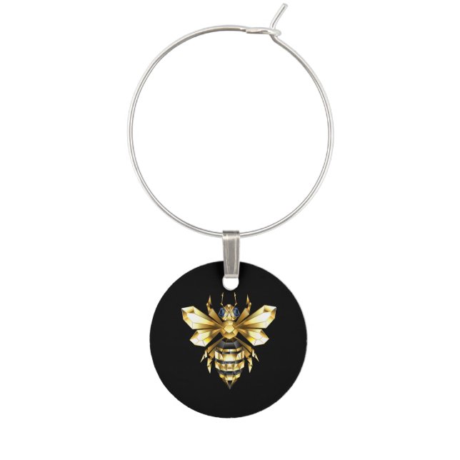 Faux Gold Foil Logo Bee Polygonal on Black Wine Charm (Front)