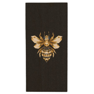 Faux Gold Foil Logo Bee Polygonal on Black Wood Flash Drive
