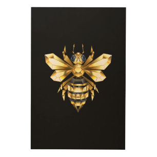 Faux Gold Foil Logo Bee Polygonal on Black Wood Wall Art