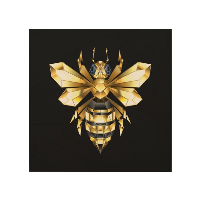 Faux Gold Foil Logo Bee Polygonal on Black Wood Wall Art (Front)