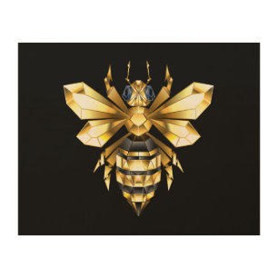 Faux Gold Foil Logo Bee Polygonal on Black Wood Wall Art