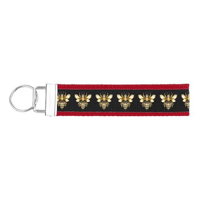 Faux Gold Foil Logo Bee Polygonal on Black Wrist Keychain (Keys on Left)