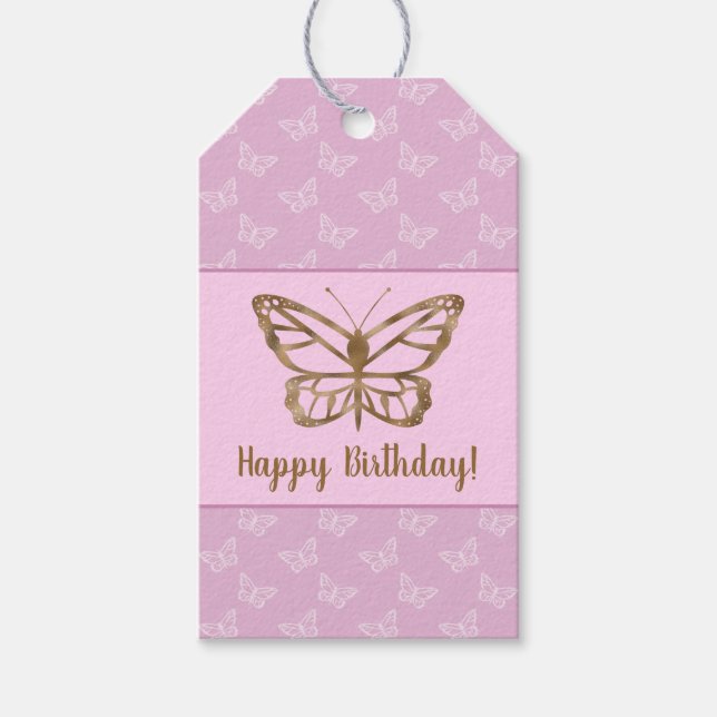 Faux Gold Foil Look Butterfly On Lavender Purple Gift Tags (Front)