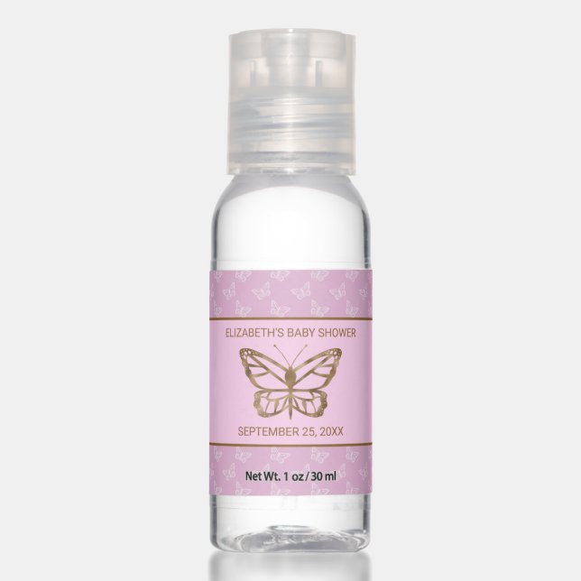 Faux Gold Foil Look Butterfly - Purple Baby Shower Hand Sanitizer (Front)