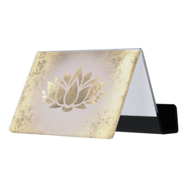 faux gold foil lotus design desk business card holder (Angled Back)