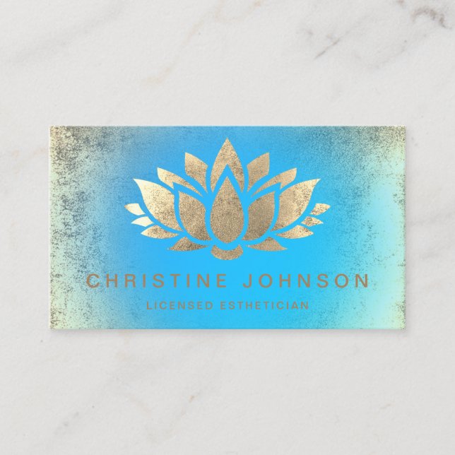 faux gold foil lotus flower and blue gradient business card (Front)