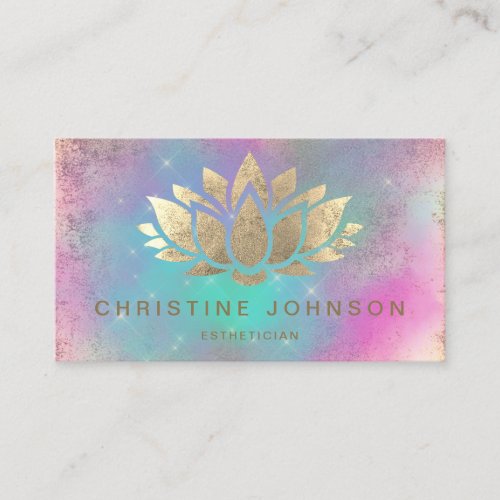 faux gold foil lotus flower on purple cloud business card