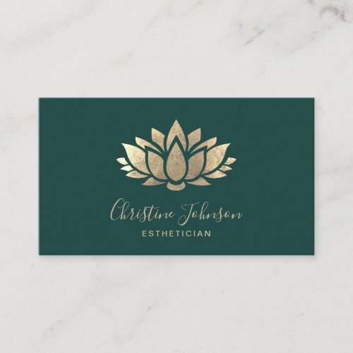 faux gold foil lotus logo on dark green business card