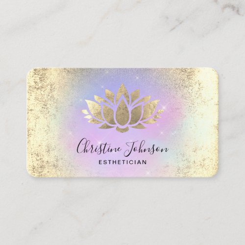 faux gold foil lotus logo on pastel purple business card
